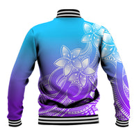 Baseball jacket back view with blue-to-purple gradient, white plumeria tribal graphic, ribbed cuffs