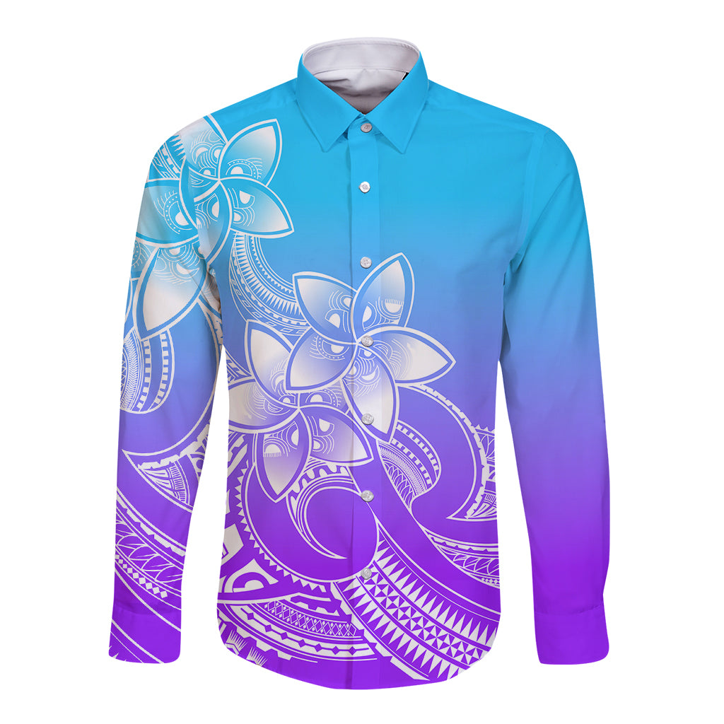 Long-sleeve button shirt with purple and blue gradient, plumeria tribal print, front view