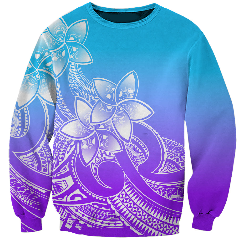 Unisex purple gradient sweatshirt with large plumeria flower and tribal pattern front