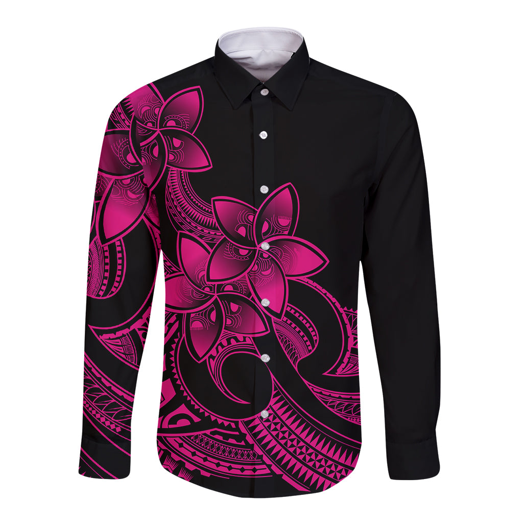 Unisex long-sleeve button shirt, black with pink plumeria tribal print front