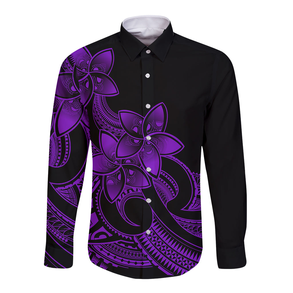 Long-sleeve button shirt with black base and purple plumeria tribal print