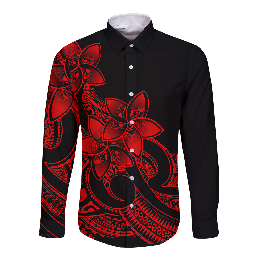 Black long-sleeve button shirt with red plumeria tribal print, button-front