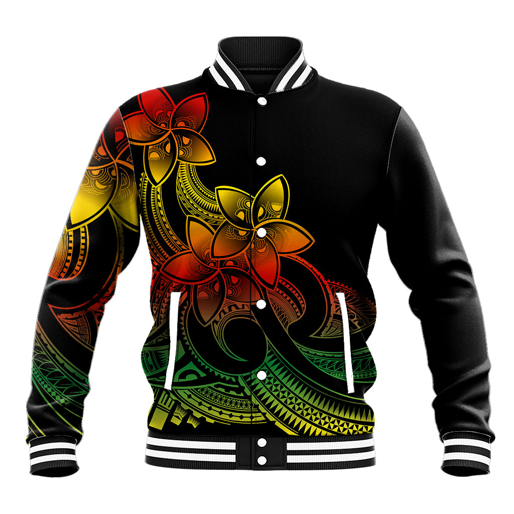Black unisex baseball jacket with plumeria tribal floral graphic and striped rib trim