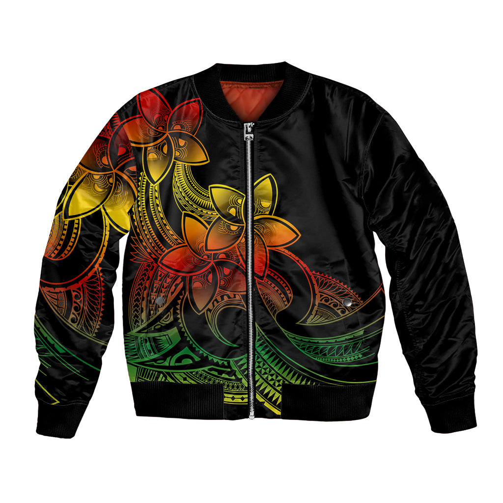 Black bomber jacket with colorful plumeria floral tribal print, front zipper