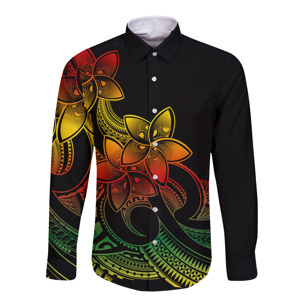 Black long-sleeve button shirt with multicolor plumeria and tribal front print