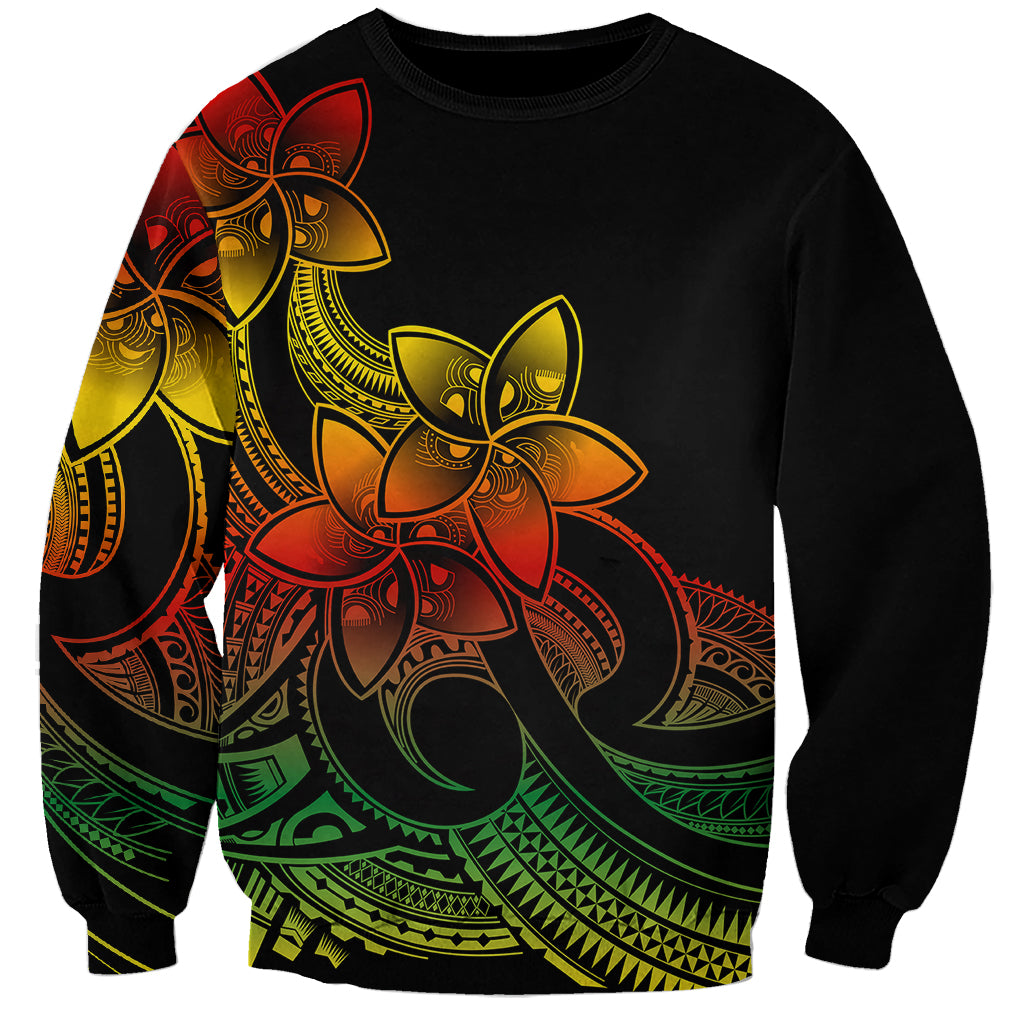 Unisex black sweatshirt with large multicolor plumeria and tribal pattern graphic