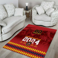 Red area rug with 'YOUR TEXT' and 'CAMPEON DE EUROPA 2024' typography center