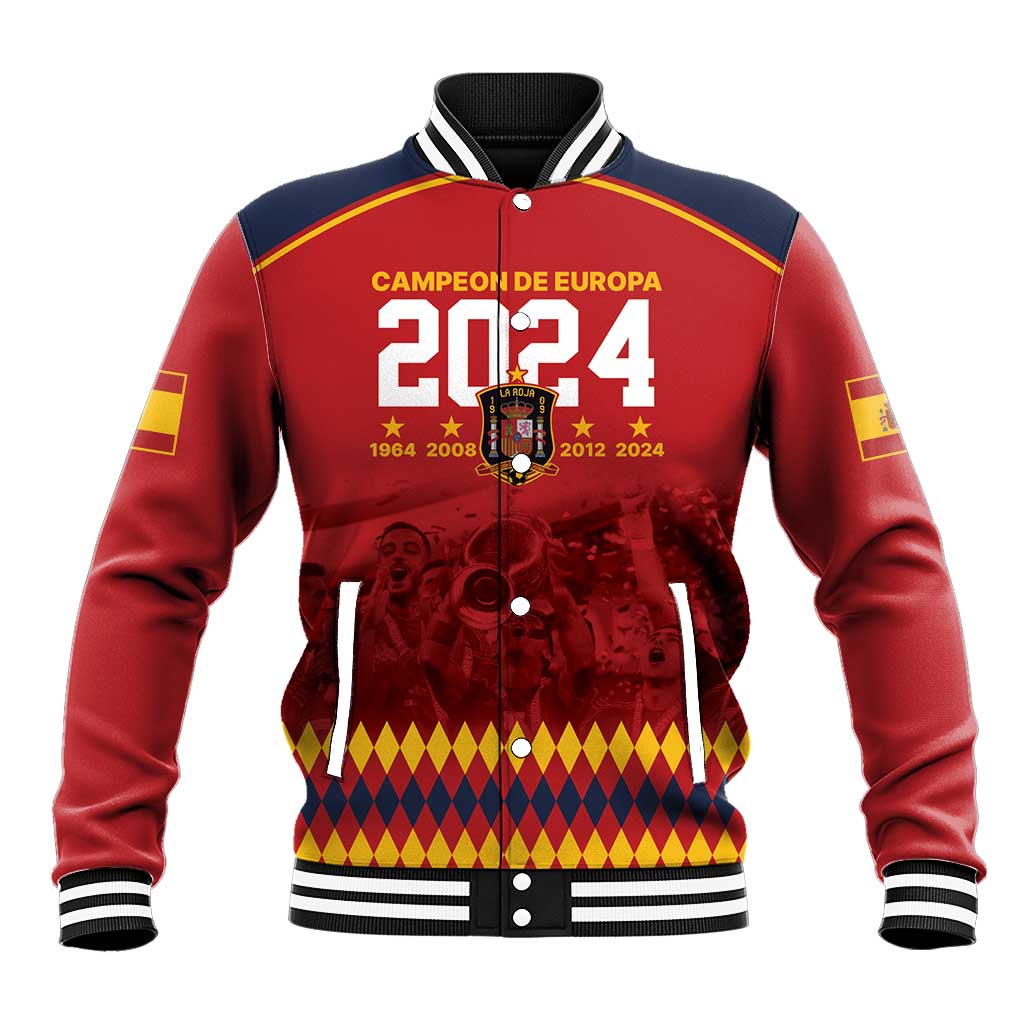 Red baseball jacket with zip front, 'CAMPEON DE EUROPA 2024' crest, striped cuffs