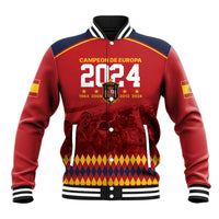 Red baseball jacket with zip front, 'CAMPEON DE EUROPA 2024' crest, striped cuffs