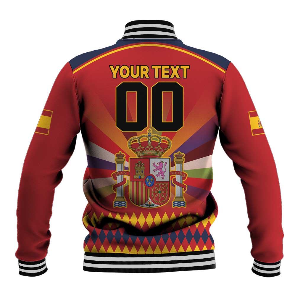 Red baseball jacket with back graphic '00', crown, and multicolor striped hem and cuffs