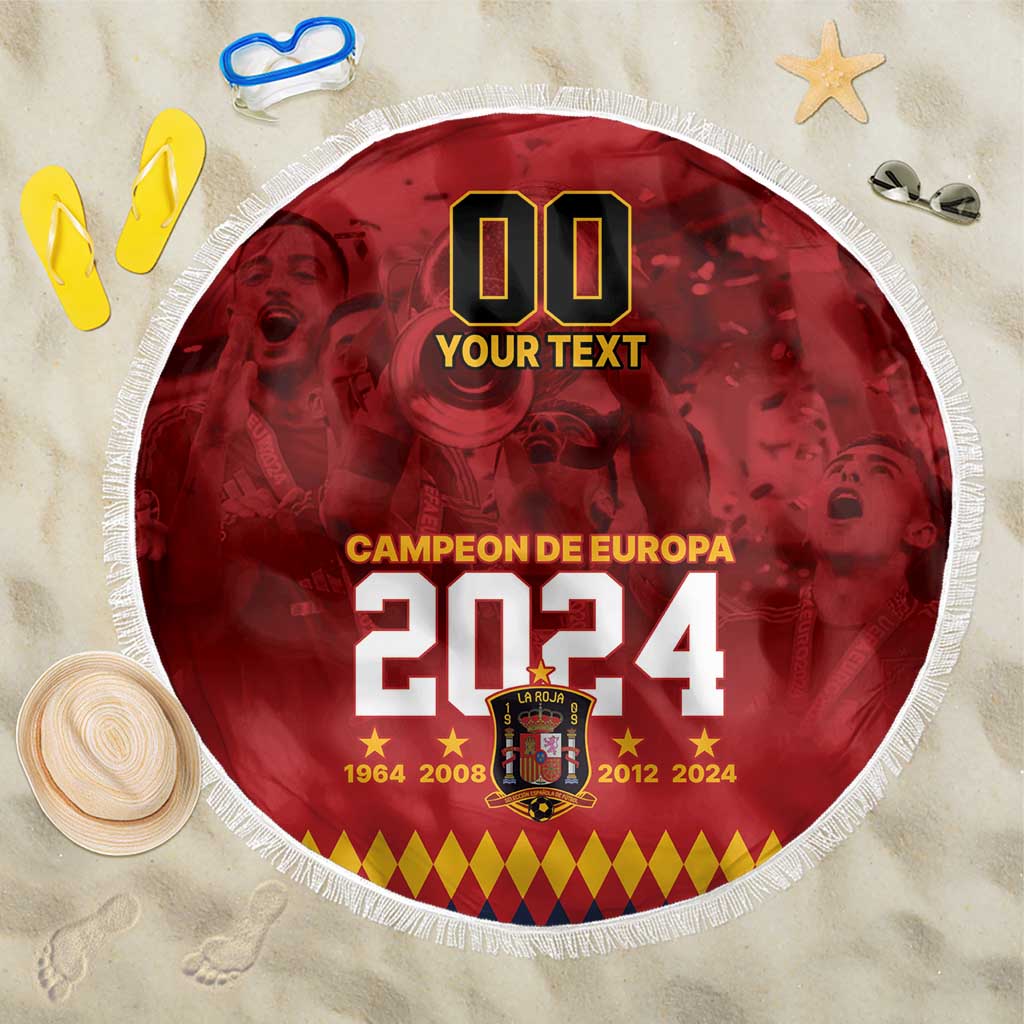 Red round beach blanket with white fringe and '2024' graphic
