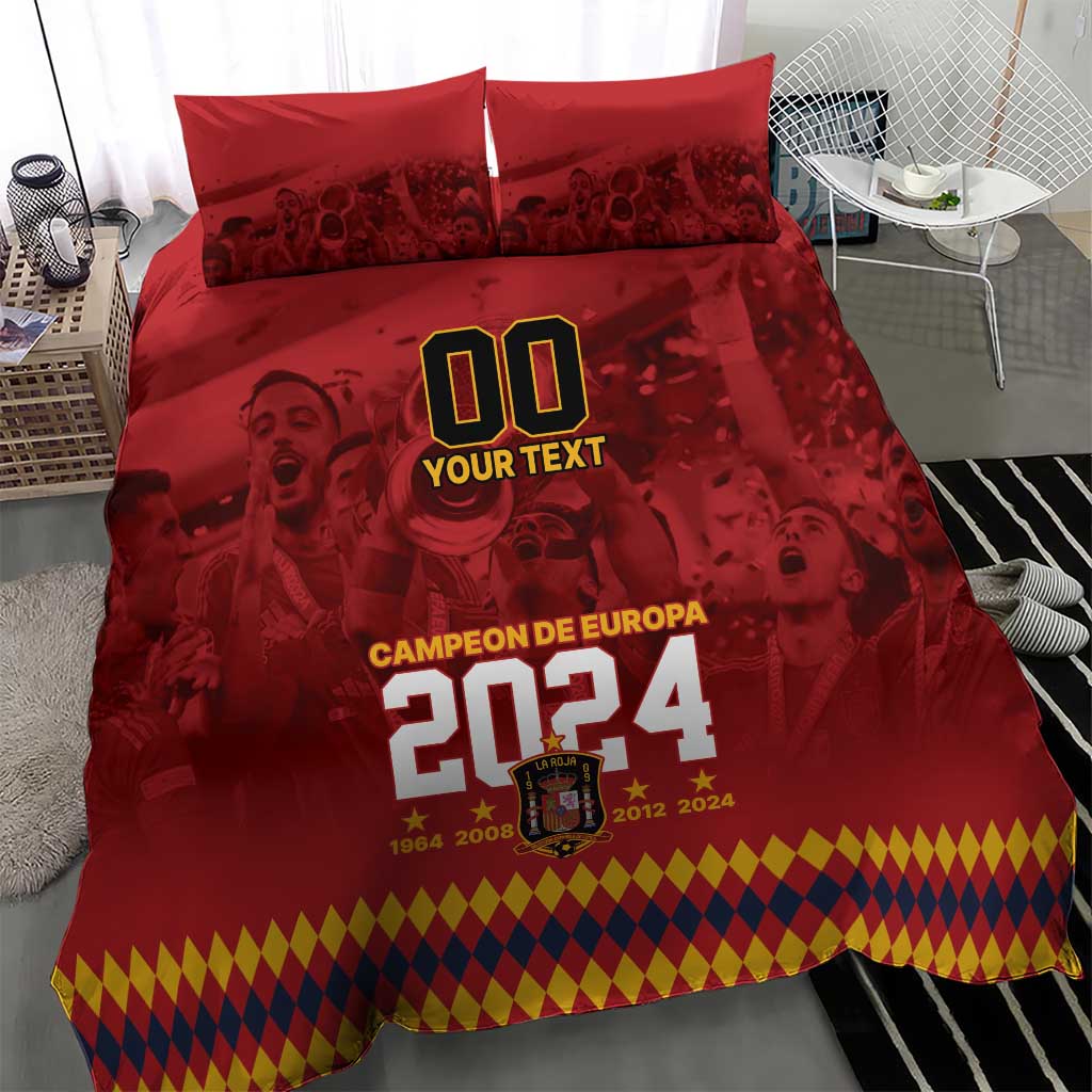 Red bedding set with duvet and 2 pillow shams showing “00 YOUR TEXT” and “Campeon de Europa 2024”
