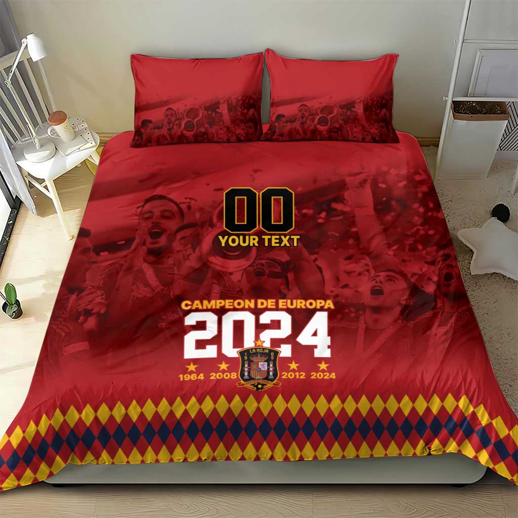 Red duvet cover and 2 pillow shams with “Campeon de Europa 2024” logo and yellow-red diamond hem