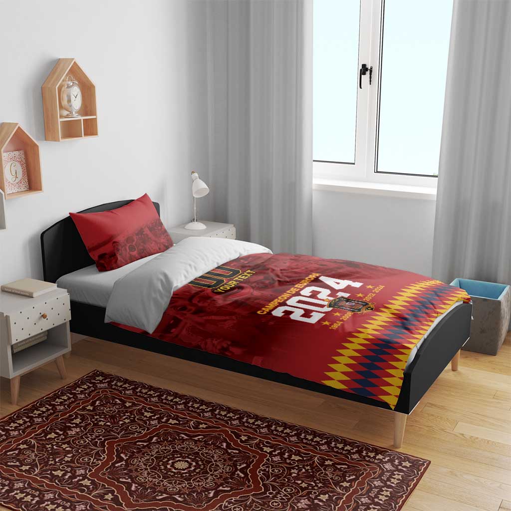 Red duvet cover and matching pillow shams with “Campeon de Europa 2024” graphic in a bedroom setup