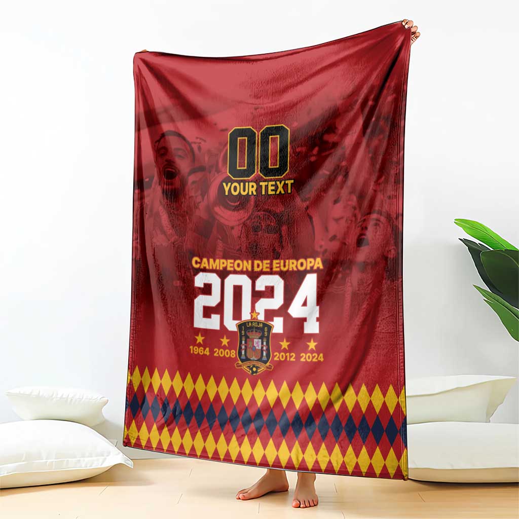 Red Campeon de Europa 2024 throw blanket, draped with diamond border at bottom