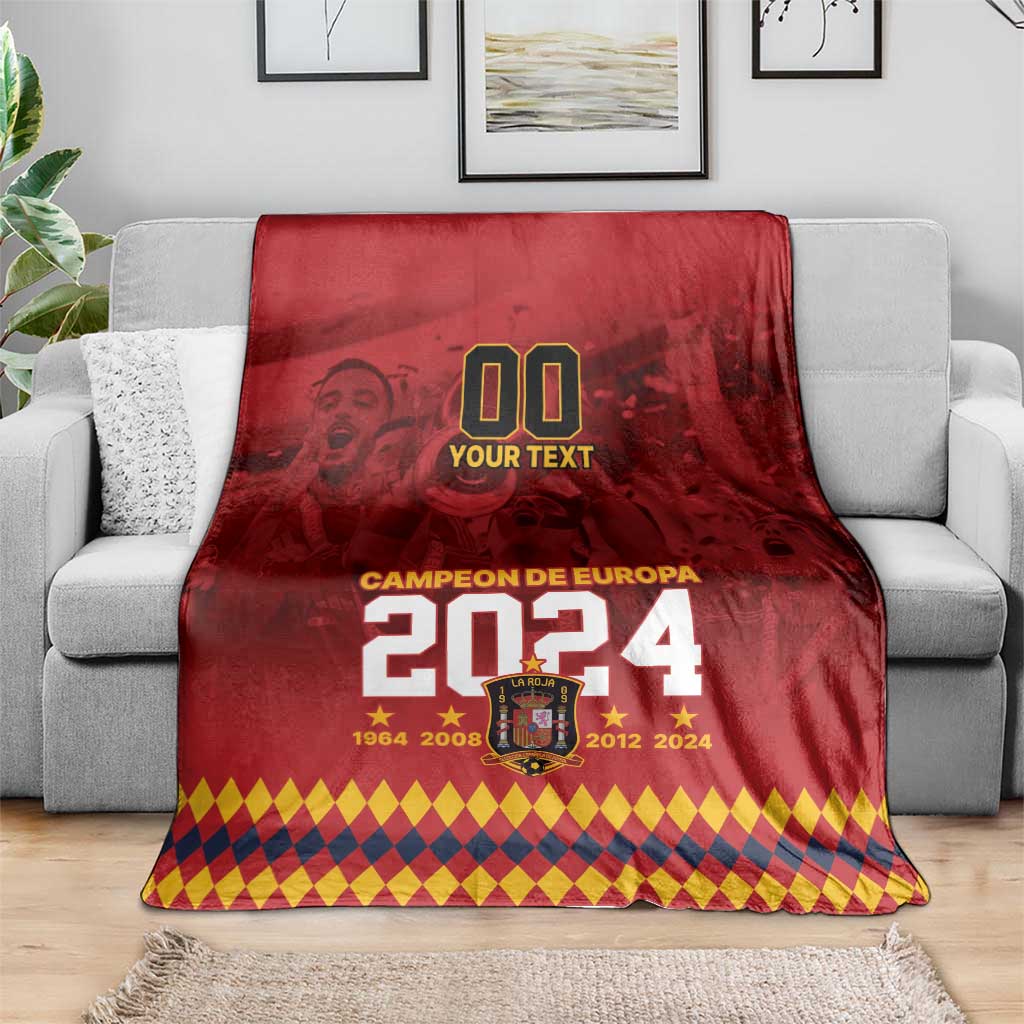 Red Campeon de Europa 2024 throw blanket with 'Your text' and diamond pattern hem
