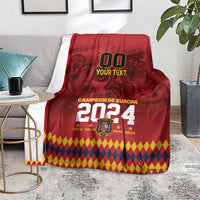 Red Campeon de Europa 2024 blanket with diamond pattern bottom edge and 'Your text'