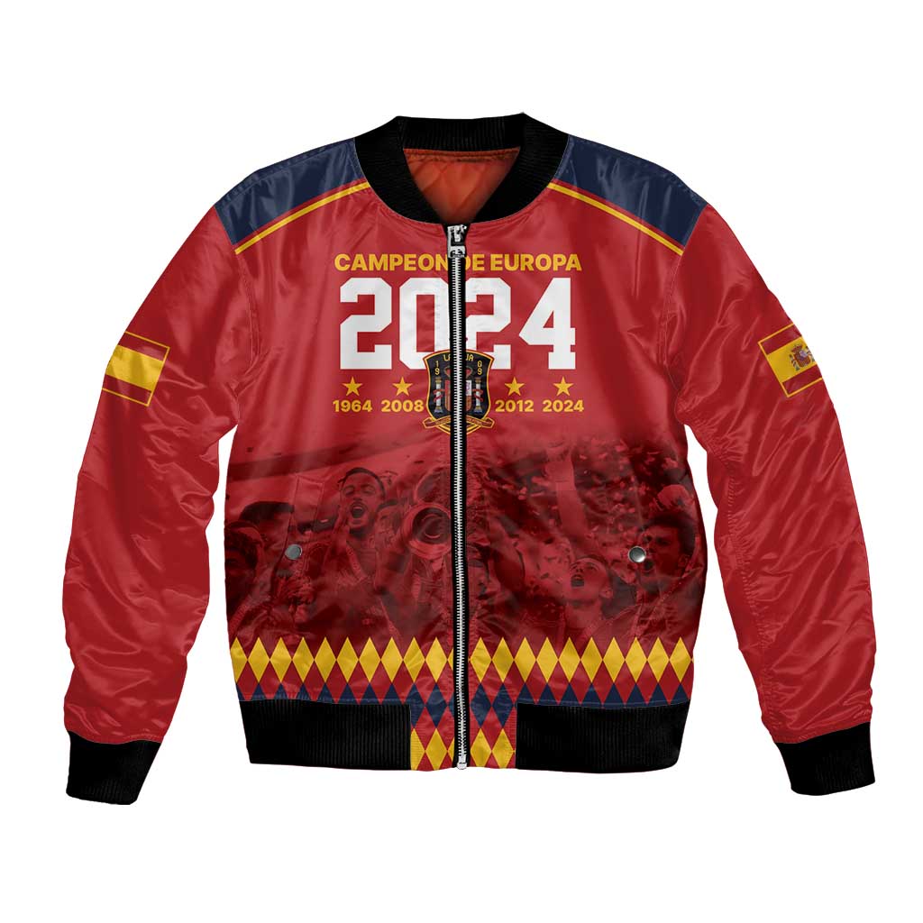 Red and navy unisex bomber jacket with front zipper and large 2024 graphic panel