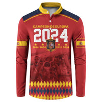 Red button sweatshirt with yellow collar, navy shoulder stripe, “2024” crest graphic