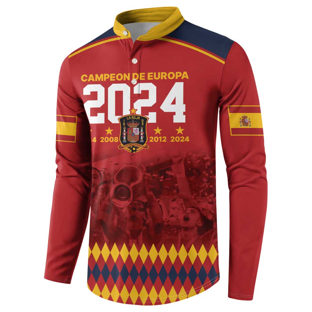 Red button sweatshirt with yellow collar and navy shoulder stripe, front “2024” crest design
