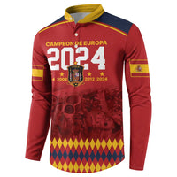 Red button sweatshirt with yellow collar and navy shoulder stripe, front “2024” crest design