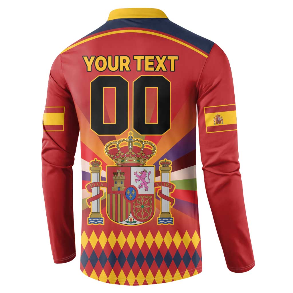 Red button sweatshirt back with “YOUR TEXT 00” and large crest emblem