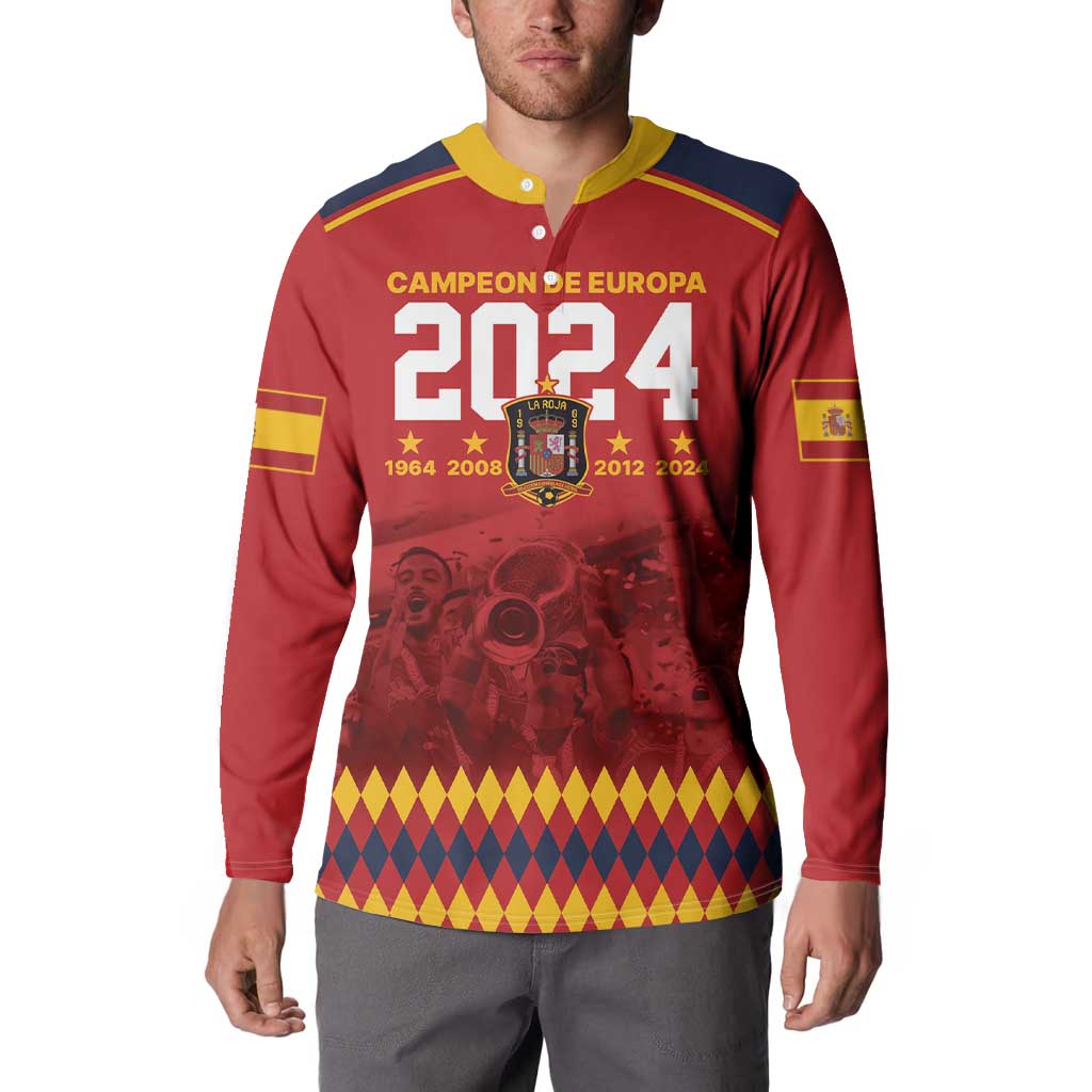 Red long-sleeve button sweatshirt with Spain 2024 champions graphic and colorblock trim