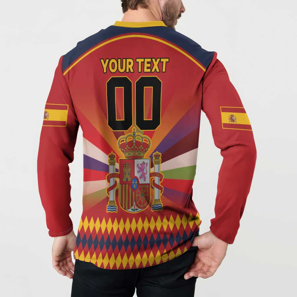 Red button sweatshirt on model, back “YOUR TEXT 00” with crest emblem