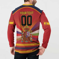 Red button sweatshirt on model, back “YOUR TEXT 00” with crest emblem
