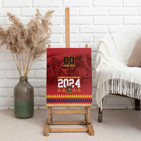 Red canvas wall art displayed on a wooden easel with '00 YOUR TEXT' and 2024 design