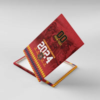 Red canvas wall art angled view with '00 YOUR TEXT', 'Campeon de Europa 2024' and checkered border