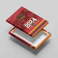 Red canvas wall art close angled view showing '00 YOUR TEXT' and checkered bottom border