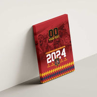 Red canvas wall art mounted on wall with '00 YOUR TEXT' and 'Campeon de Europa 2024' text