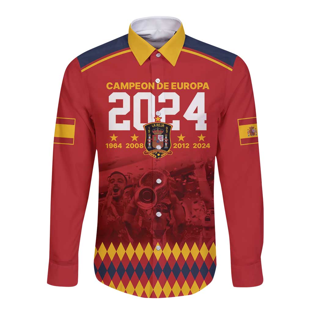 Red long sleeve button shirt with yellow collar and front Europa 2024 crest graphic