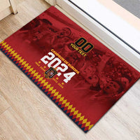 Red rubber doormat corner view with custom '00' and Europa 2024 logo and border
