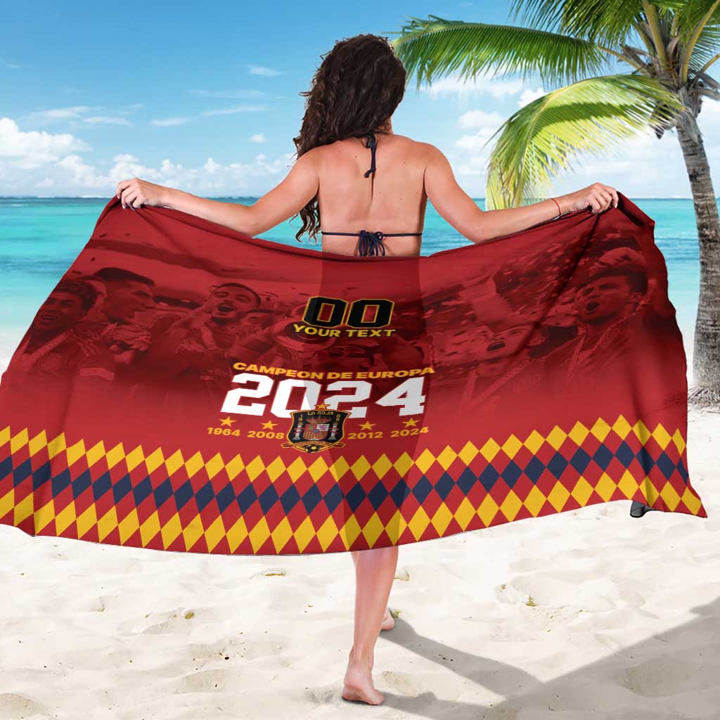 Red sarong with back graphics: 00, Your Text, and 2024, tied as a cover-up.