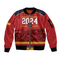 Red and navy zip-up bomber jacket with 2024 graphic, ribbed cuffs and hem