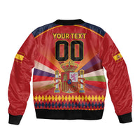 Red and navy bomber jacket back design with 'YOUR TEXT 00' crest and flags