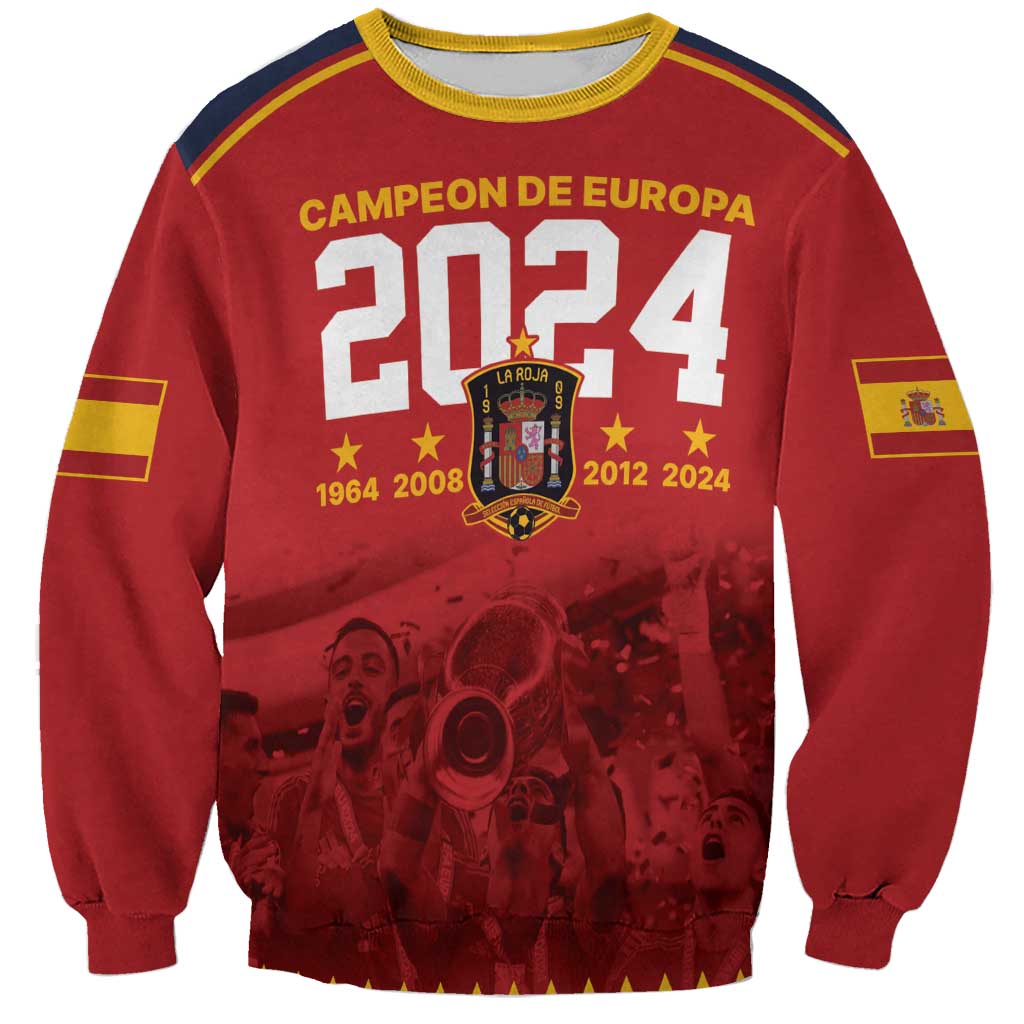 Red crewneck sweatshirt with yellow trim, large front graphic 2024 and crest