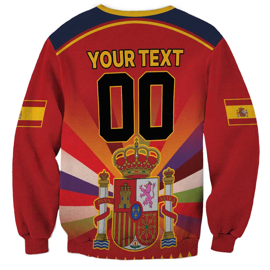 Red crewneck sweatshirt with yellow trim, back graphic YOUR TEXT and number 00