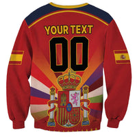 Red crewneck sweatshirt with yellow trim, back graphic YOUR TEXT and number 00