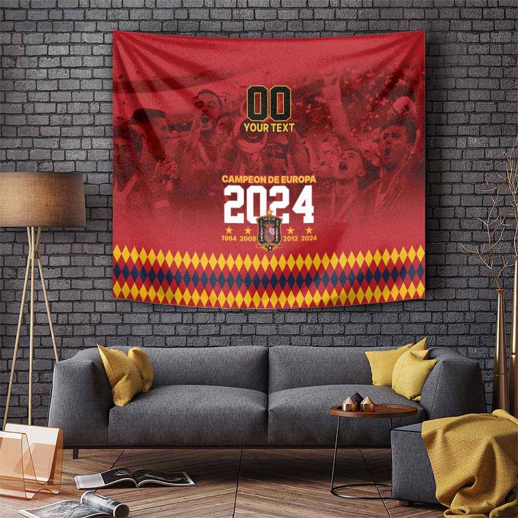 Red Campeon de Europa 2024 tapestry wall hanging with gold diamond hem