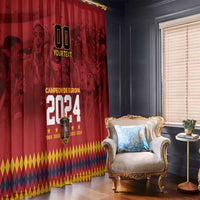 Red curtain panel with 'YOUR TEXT' and Campeon de Europa 2024 print; hanging on rod