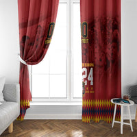 Red window curtains with football print, yellow diamond hem, and 'YOUR TEXT' near top