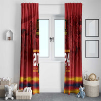Red hanging window curtain panels with football crest, 'YOUR TEXT', and yellow diamond bottom