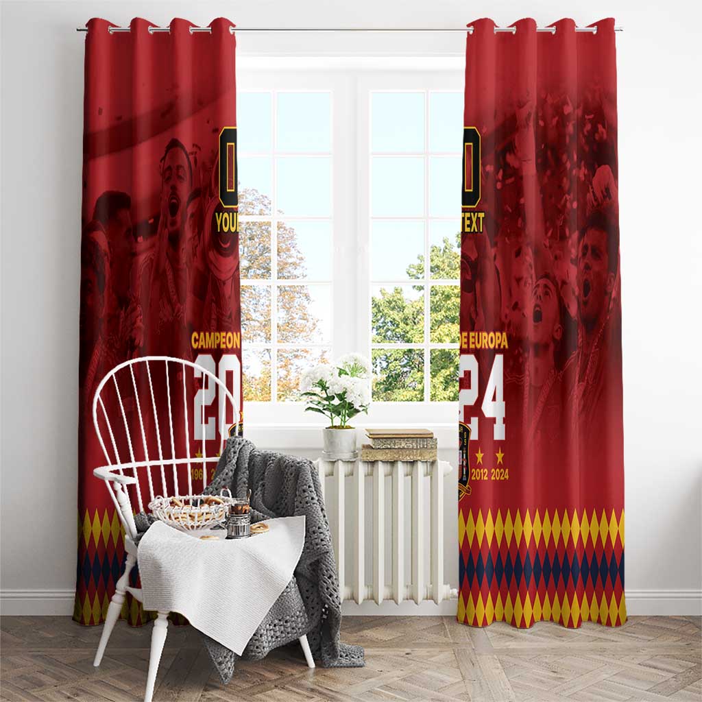 Red window curtains with ring-top header, football 2024 design, and 'YOUR TEXT' tag