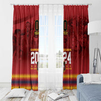 Red window curtains with white center panel, 'YOUR TEXT' and football 2024 print on rod