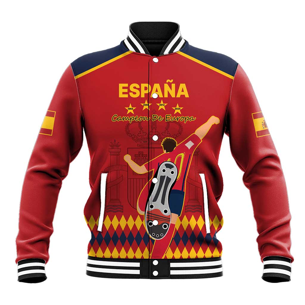 Red baseball jacket with black-and-white striped collar and cuffs; front Spain graphic