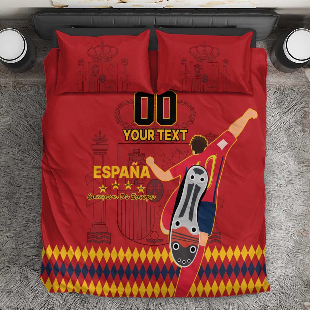 Red Spain-themed duvet cover and two pillowcases with “00 YOUR TEXT” soccer artwork.