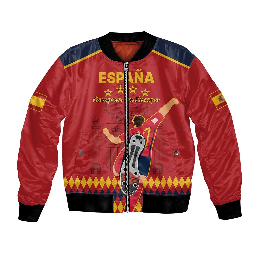 Red bomber jacket with navy panels, black rib collar/cuffs, zip front, graphic